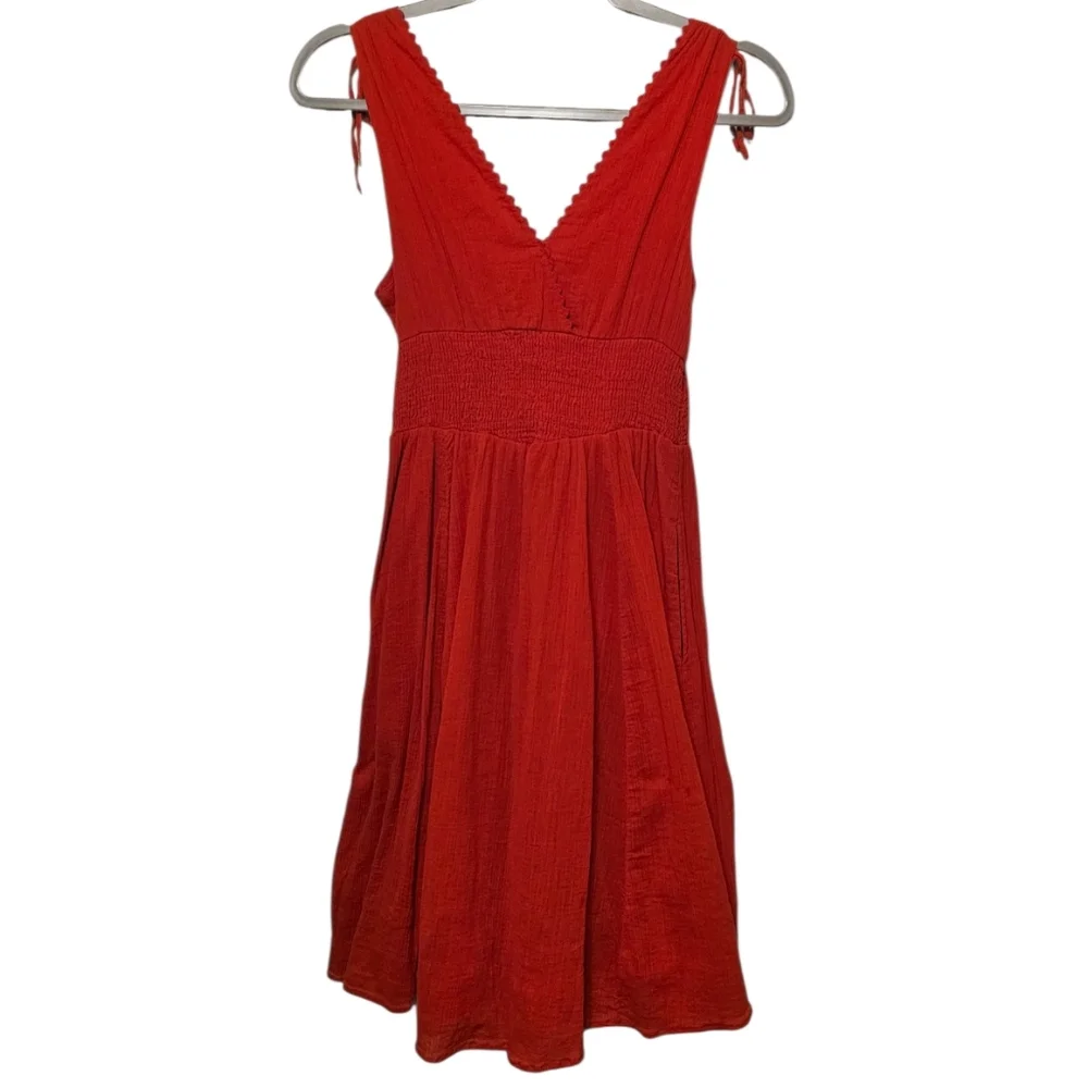Maeve Anthropologie Red Smocked Waist Cotton Midi Dress Sz 6 Boho Cottagecore - Picture 8 of 9